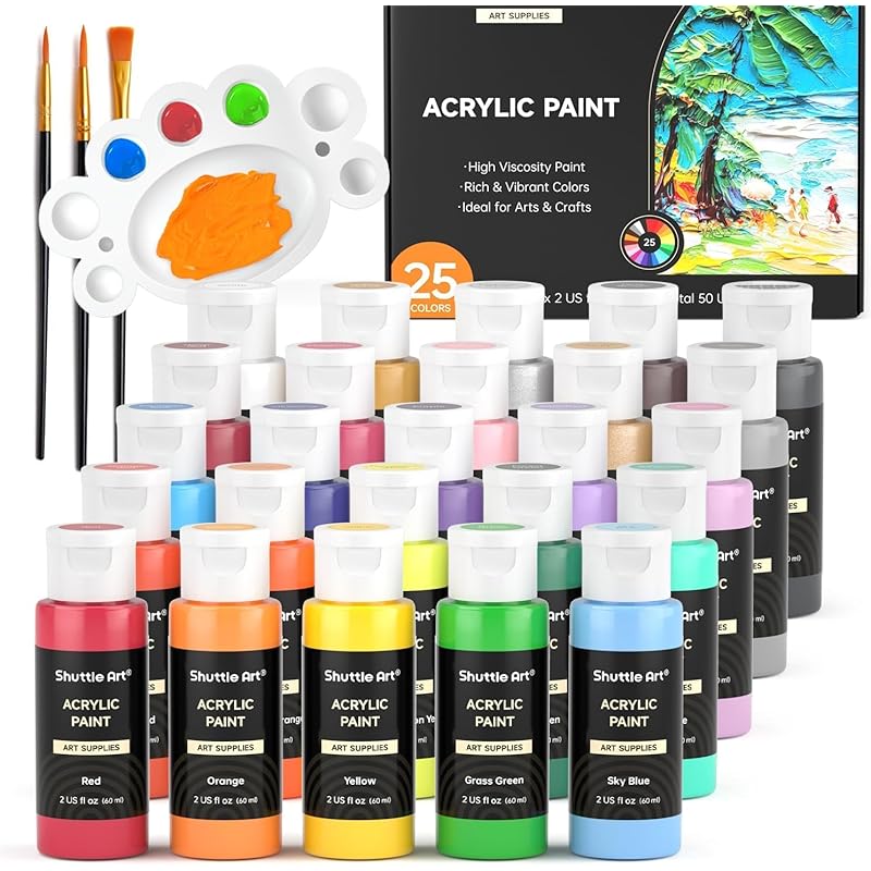 

Shuttle Art acrylic paint 25 color set acrylic pigment quick drying waterproof Durability 60ml 3 brushes with pallet vivid metallic fluorescent color