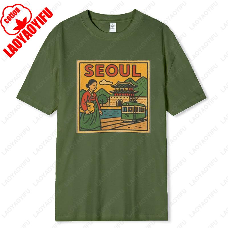 Seoul Korea Comic T-Shirt Unisex Retro-Stil Vintage Stadt-Skyline Grafik-T-Shirts Bold Asian Travel Baumwollshirt Geschenk Männer Frauen Tops