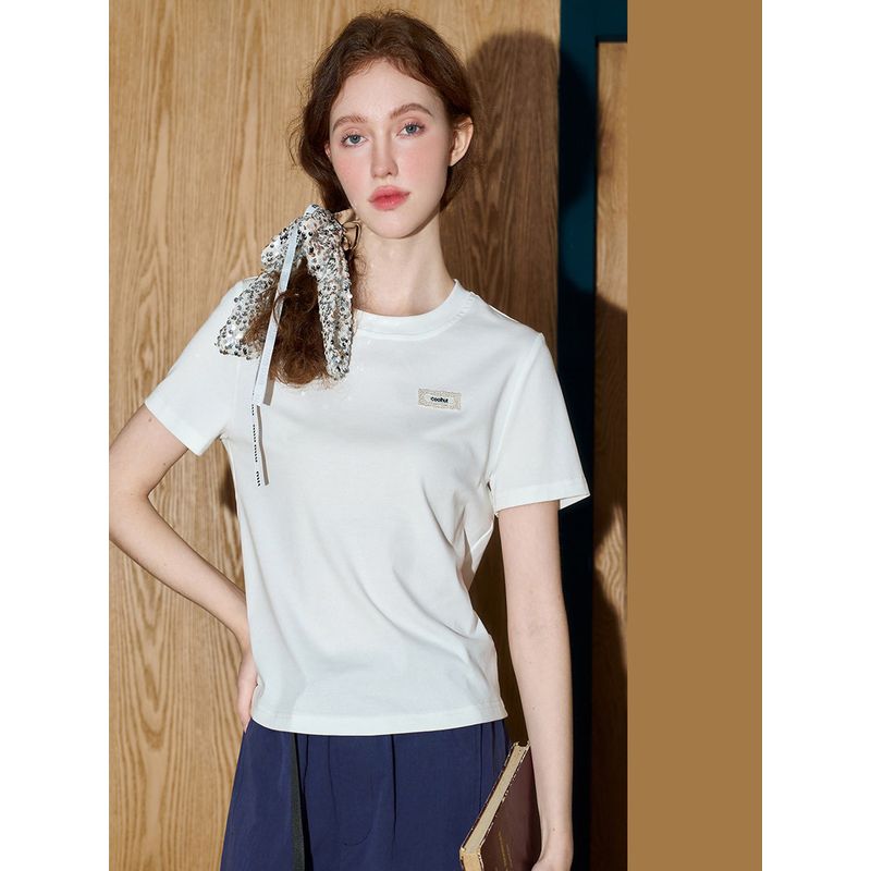 Coolhut2025 Summer Round Neck Versatile Simple Silhouette Short-Sleeved Right-Shoulder Breathable Women's T-Shirt