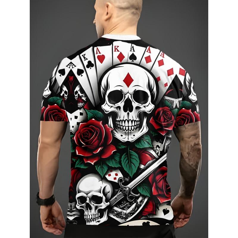 Digital Print - Men'S Skull And Rose Playing Card Design T-Shirt | Casual Round Neck