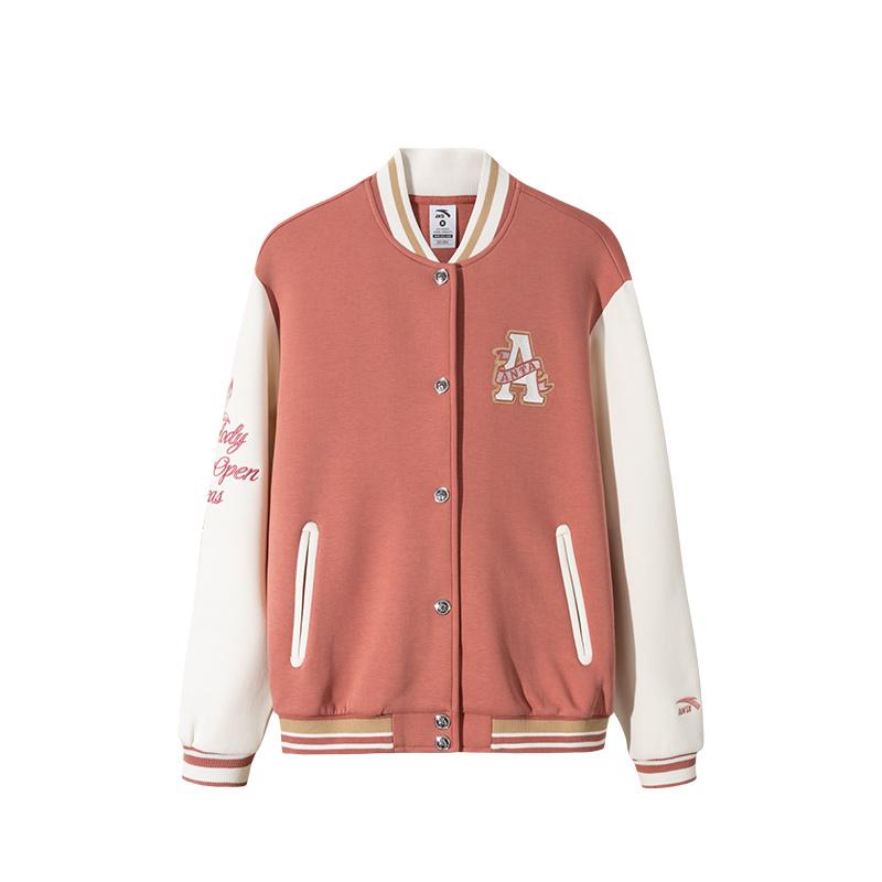 Anta Lifestyle Series Color Block Letter Single Button Comfortable Breathable Loose Baseball Jacket Women Jackets Peony-Pink 162518701S-2