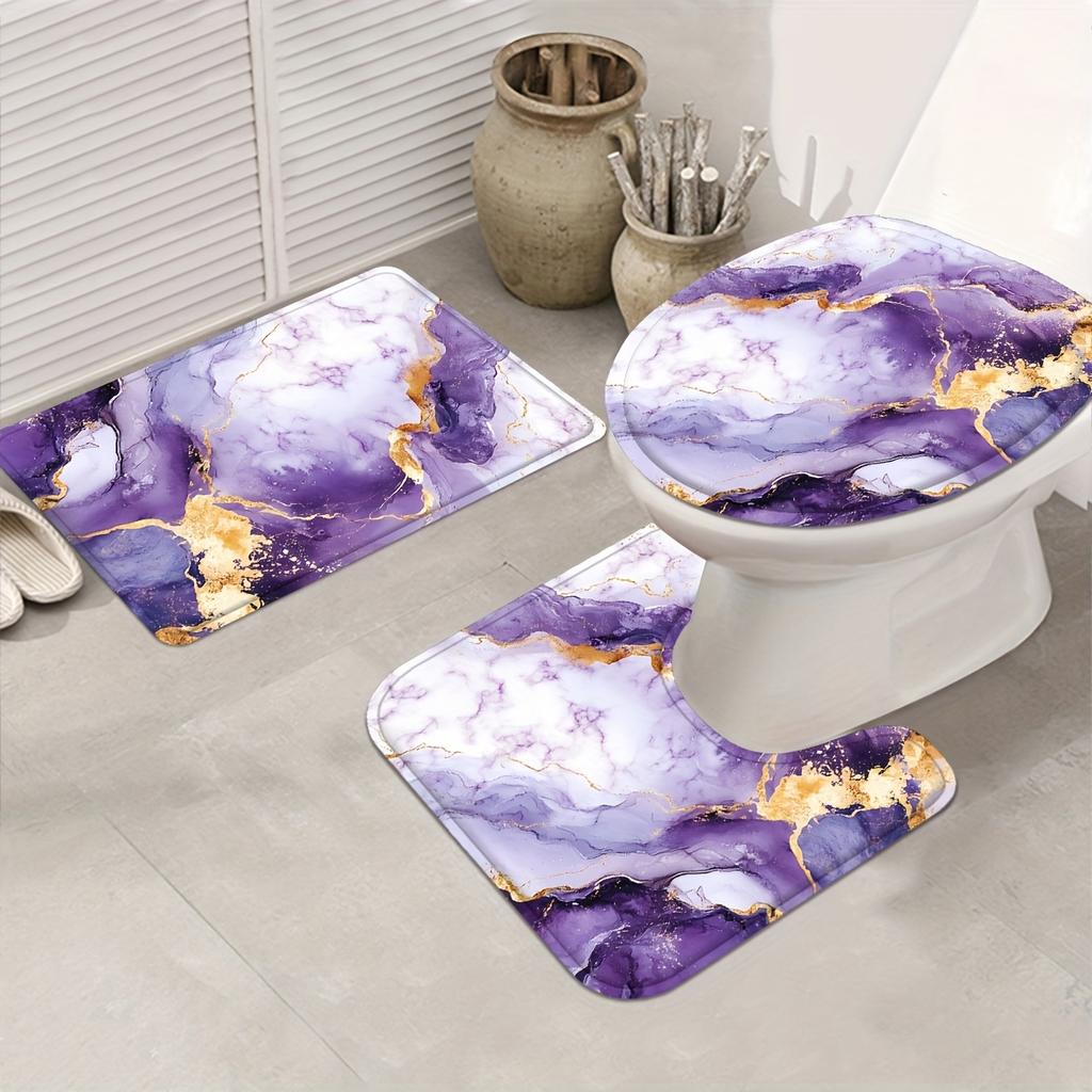 4Pcs Bathroom Shower Curtain Set Purple Golden Pattern Bathroom Curtain With 12 Hooks Non Slip Rugs Toilet Cover Mat Bathroom Partition