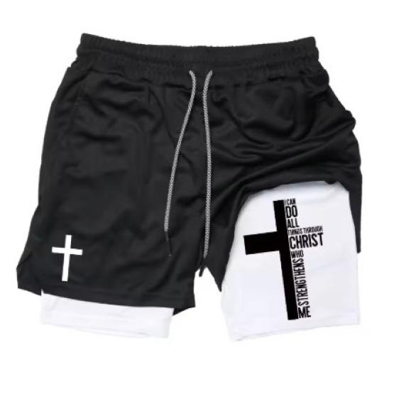Cross Christian God Bible Pray Faith Jesus Muay Thai Kick Boxing MMA Double Layer Shorts Men Women Unisex Quick Dry Training Sport Gym Fitness Workout