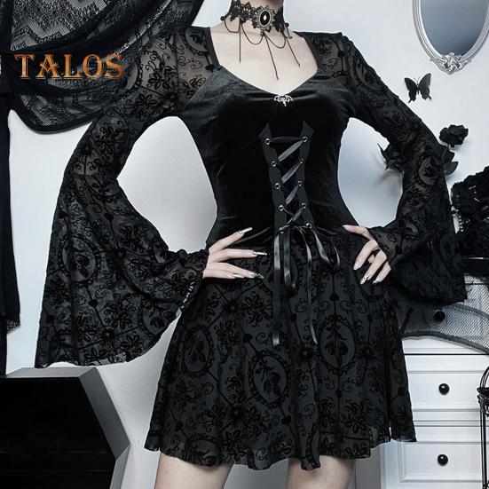Damen Halloween Cosplay Kleid V-Ausschnitt Spitze Bindegurt Dunkler Stil Gothic Mittelalter Vintage Glockenärmel Performance Bühnenshow Kleid