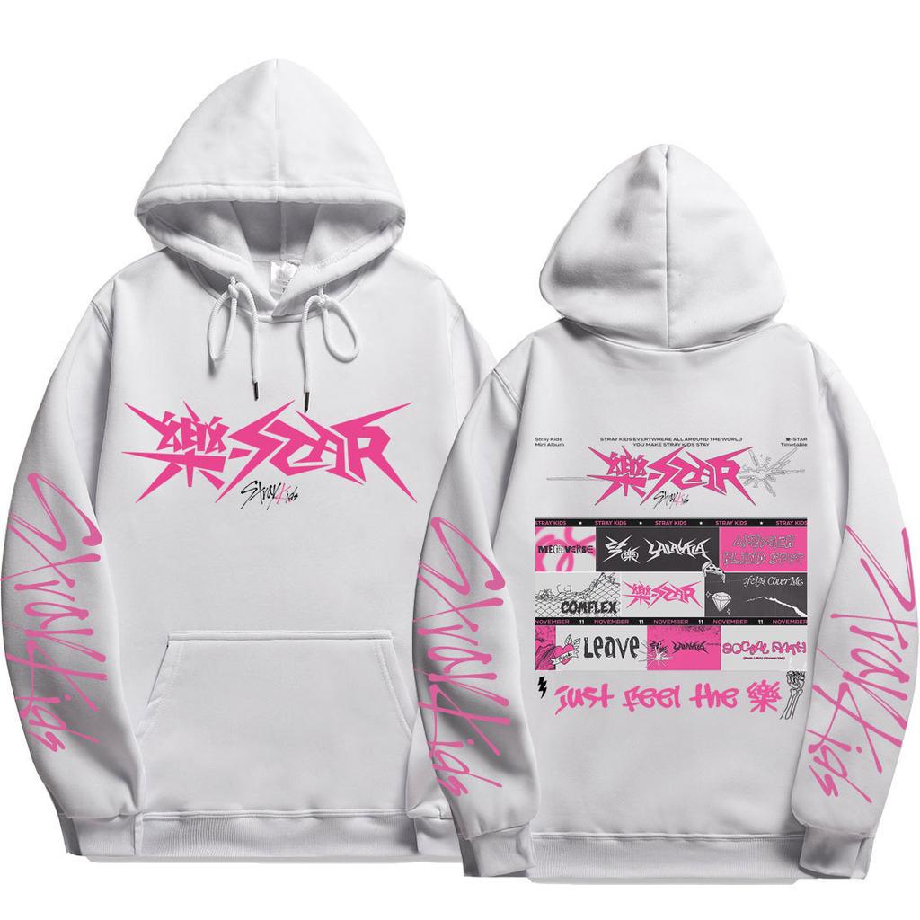 Stray Kids Pullover Hoodie Front Pink Punk Logo Vintage Punk Graphic Song Titles Just Feel Drawstring Hood Oversized Unisex K‑Pop Streetwear Fan Merch