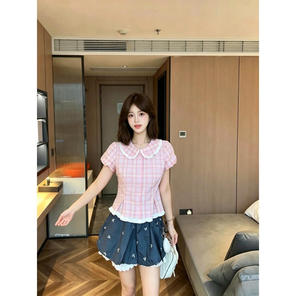Summer new sweet lace plaid bubble sleeve shirt women's design sense slim and thin versatile top