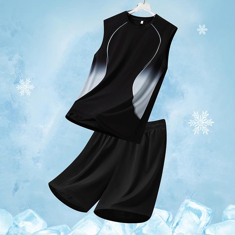 Спортивный костюм мужской повседневный с принтом, градиентный, свободный, комплект из двух предметов, дышащий, быстросохнущий, жилет, шорты, мужской L