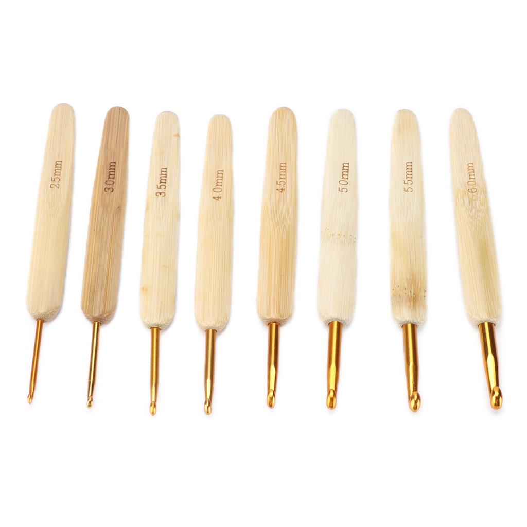 8pcs Crochet Hooks Alumina Needle Bamboo Handle Golden Weaving Tools for Handicraft Lovers