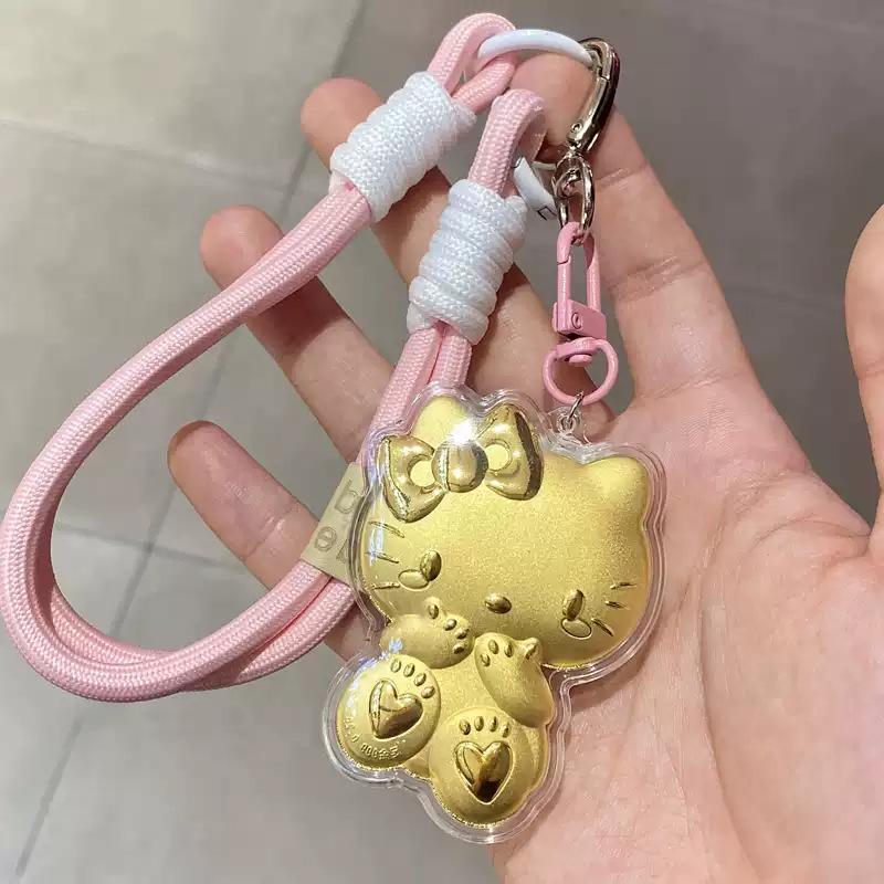 Customizable 999 Pure Gold Hello Kitty Pendant - Cute KT Cat Phone Lanyard Charm Gift