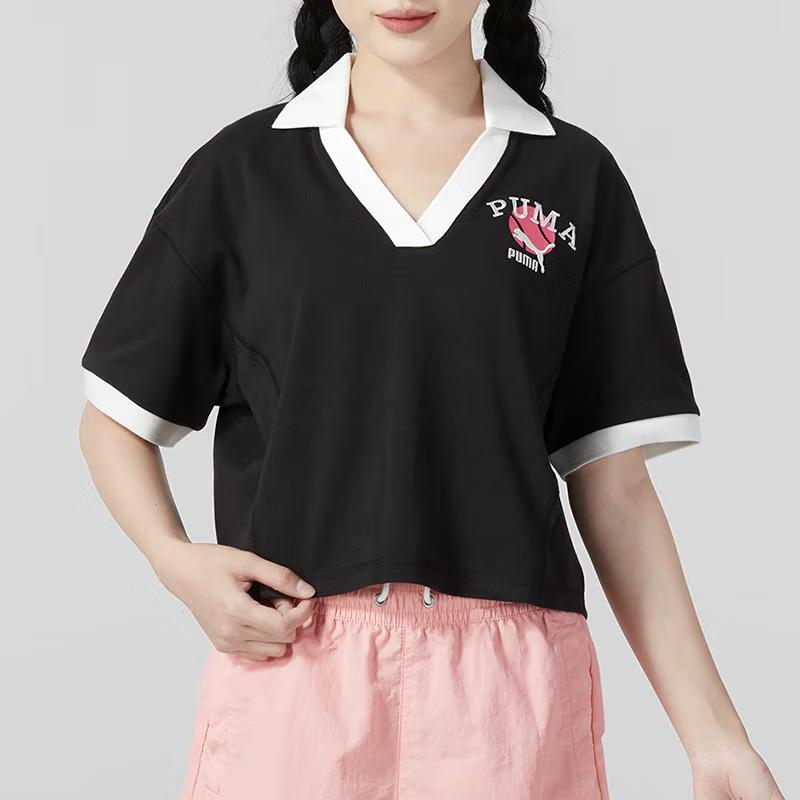 Puma Letter Print Breathable Short Sleeve Polo Shirt Women Tops Black 622971-01