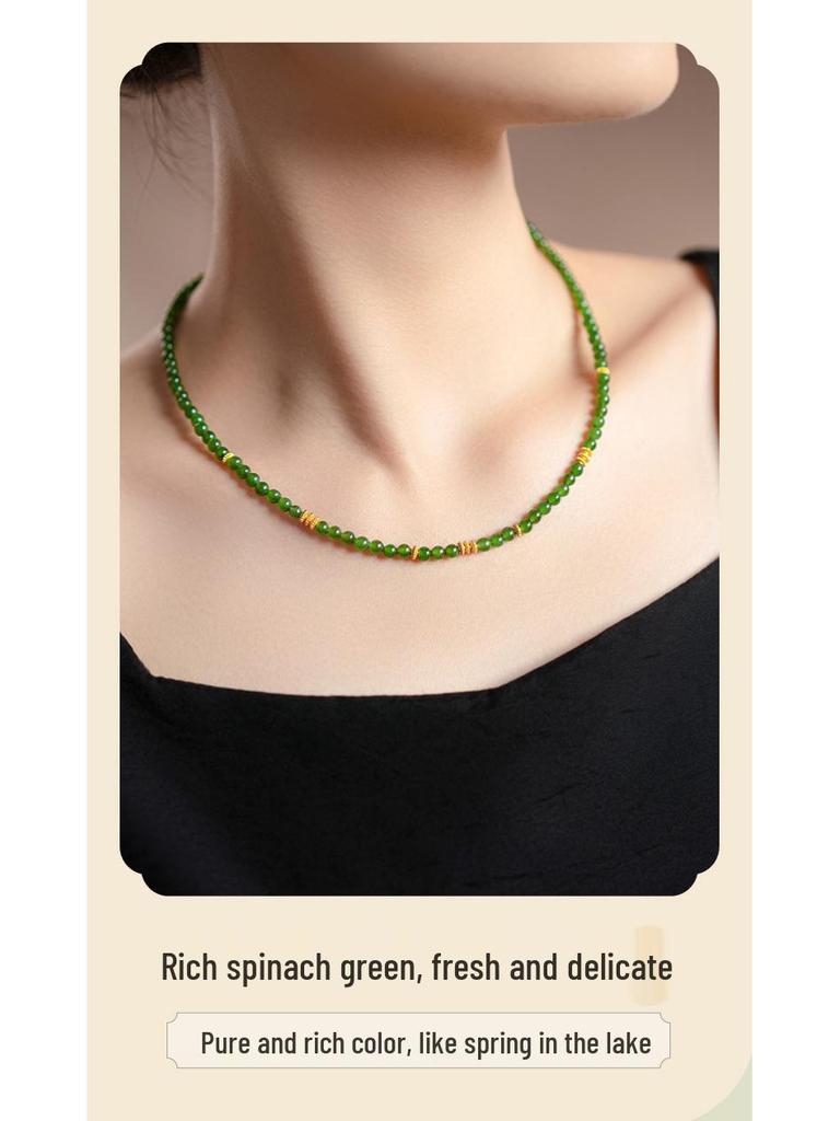 Hetian Jade Millet Bead Necklace - 4mm Jasper Beaded Green Jade Choker Clavicle Chain