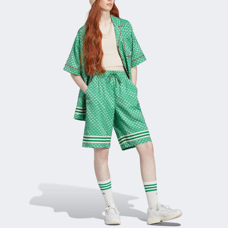 Adidas Originals 70S Logo Allover-Print Locker Lässiges Kurzarmhemd Damenhemden Grün IK7880