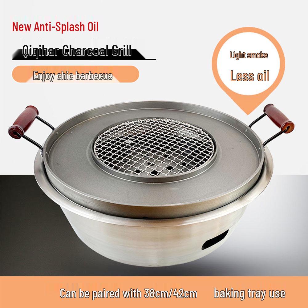 Qiqihar Large Korean Style BBQ Grill - Commercial Cast Iron & Stainless Steel Charcoal Griddle.