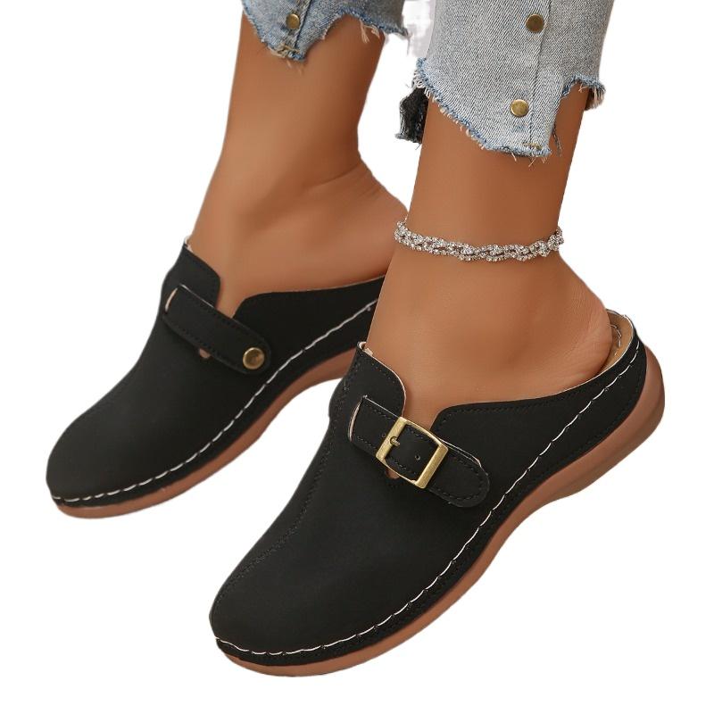 Fashion Plus Size 2025 Summer New Women's Closed Toe Slippers Hot Sale Round Toe Buckle Low Heel Sandals Outdoor Daily Casual Slippers