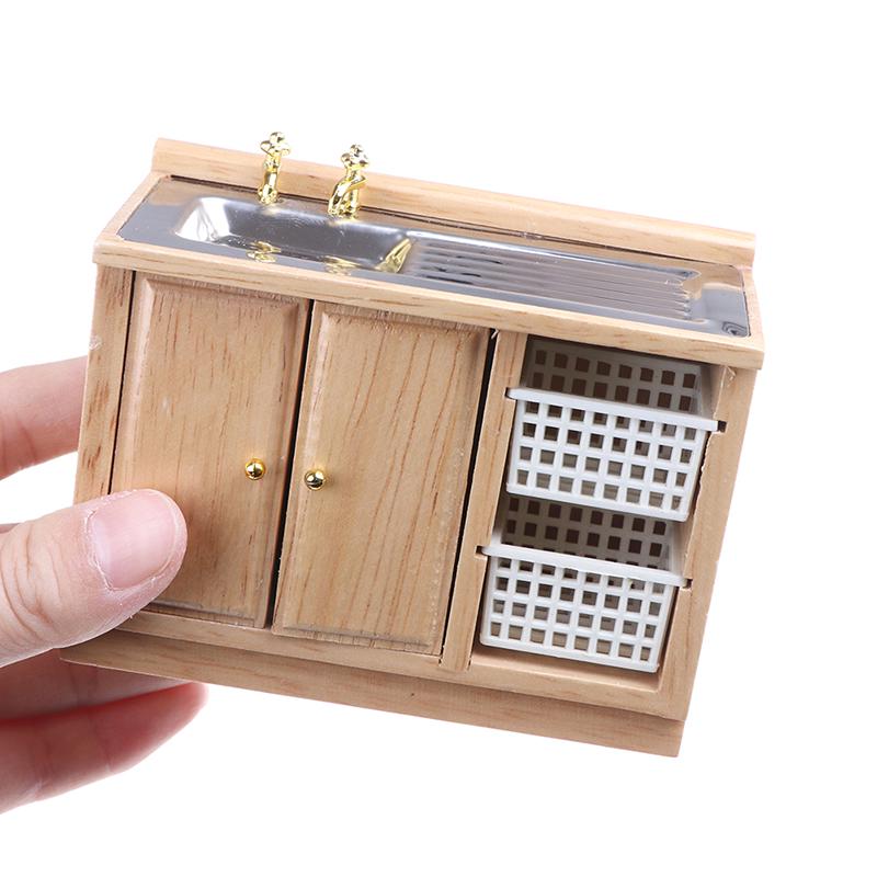 Wooden Wash Basin Cabinet With Hand Sink Miniature Furniture Toys For 1/12 Dollhouse Bathroom Kitchen Decoration