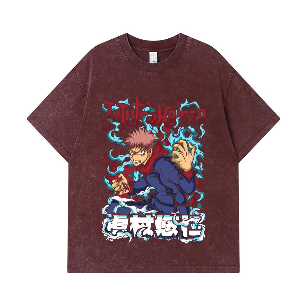 275 GSM Washed T-shirts 100% Cotton Jujutsu Kaisen V50 Yuji Print Unisex Heavy Cotton T Shirt