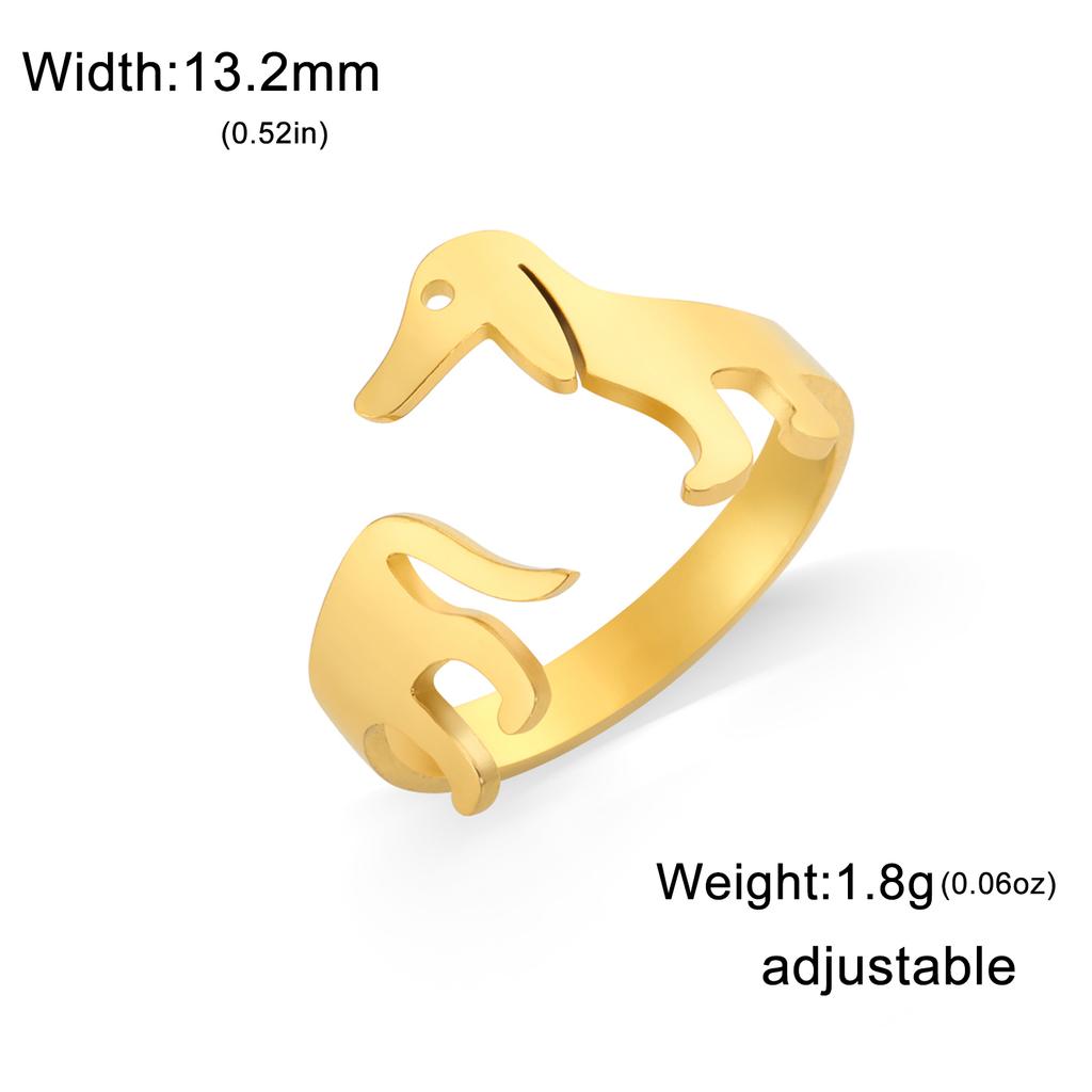 Teamer Cute Sausage Dog Adjustable Stainless Steel Ring Gold Color Lovely Animal Open Finger Ring for Women Couple Jewelry Gifts