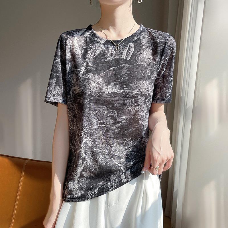 Women's New Summer Tie-dye Ink Painting Short-sleeved Casual Versatile Thin Positive Shoulder Round Neck T-shirt
