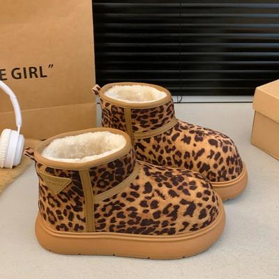 Leopard Flats Suede Ankle Women Snow Boots Fashion Platform Winter Warm Plush Cotton Shoes 2024 Trend Non Slip Cozy Botas Mujer