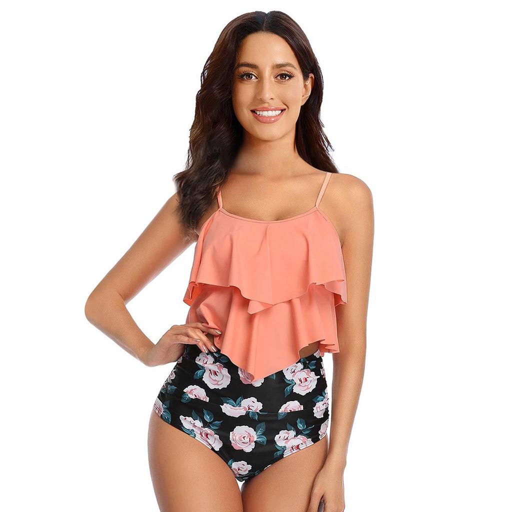 Costum de baie din două piese cu talie înaltă pentru femei, cu margine în formă de frunză de lotus