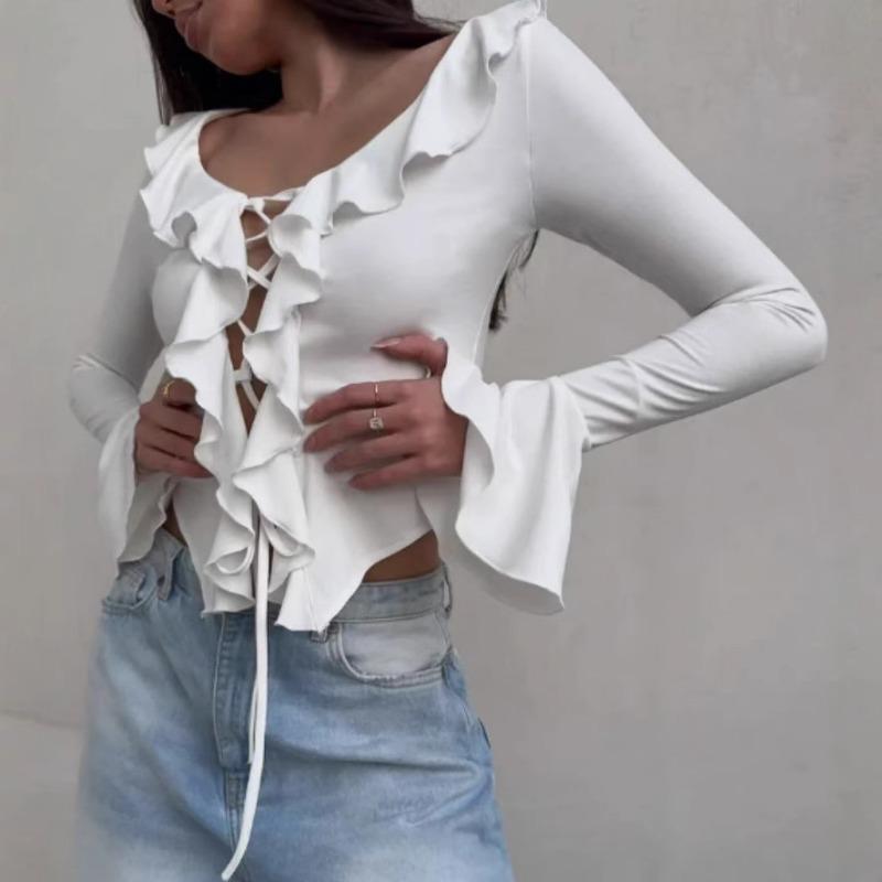 Ruffle Edge Splicing Lace-up Short Shirt Sexy Strap Tie Spicy Girl Top Long Sleeved Solid Color Falred Long Sleeve T-shirt Streetwear Slim Fit Blouse