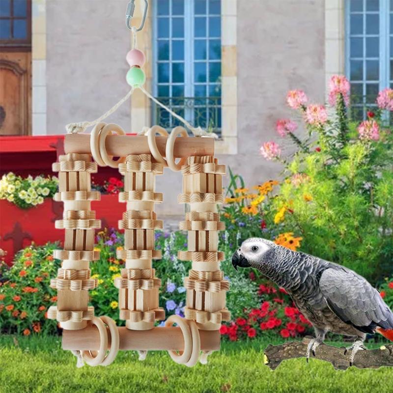 Parrot Wooden Chewing Toy Natural Wood Blocks with Metal Hanging Hook for Cage
