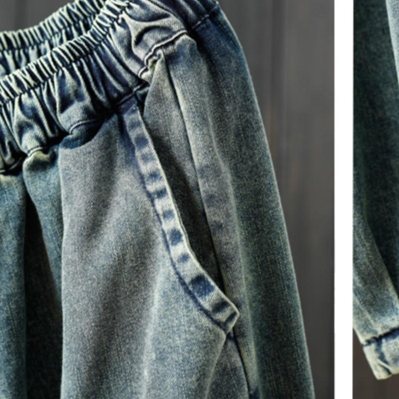 Johnature Women Wide Leg Pants Elastic Waist Patchwork Pockets Spring Loose Casual Vintage Pants