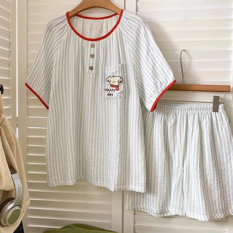 

Japanese striped pocket puppy pajamas women s summer short-sleeved shorts red-edged two-piece set girls can wear loungewear S