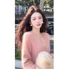 Womens Pink V-Neck Knit Long Dress Winter Elegant Slim Fit High Waist Sweater