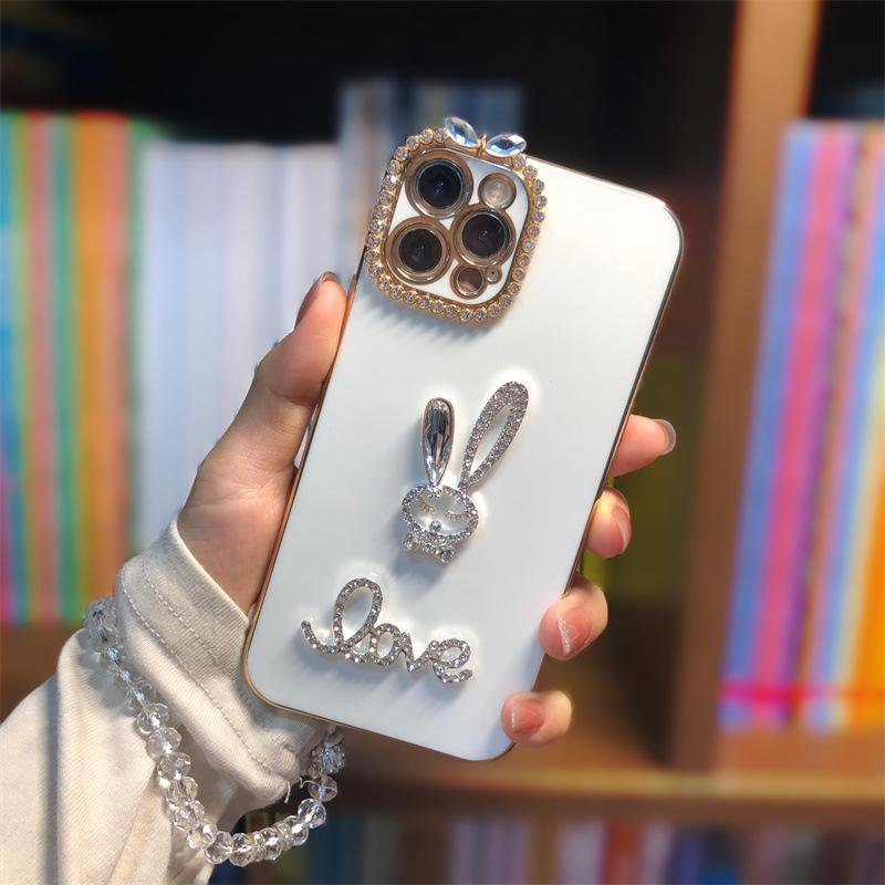 Rhinestone Rabbit Goddess Electroplated Silicone Case for Apple iPhone 12/13/14/15 Pro Max - Anti-Fall Design