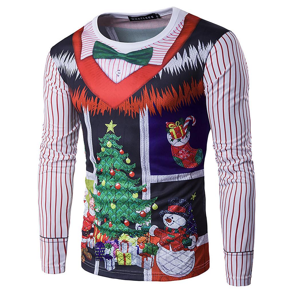 Men's Round Neck Slim Fit Long Sleeve Top Christmas Print T-shirt