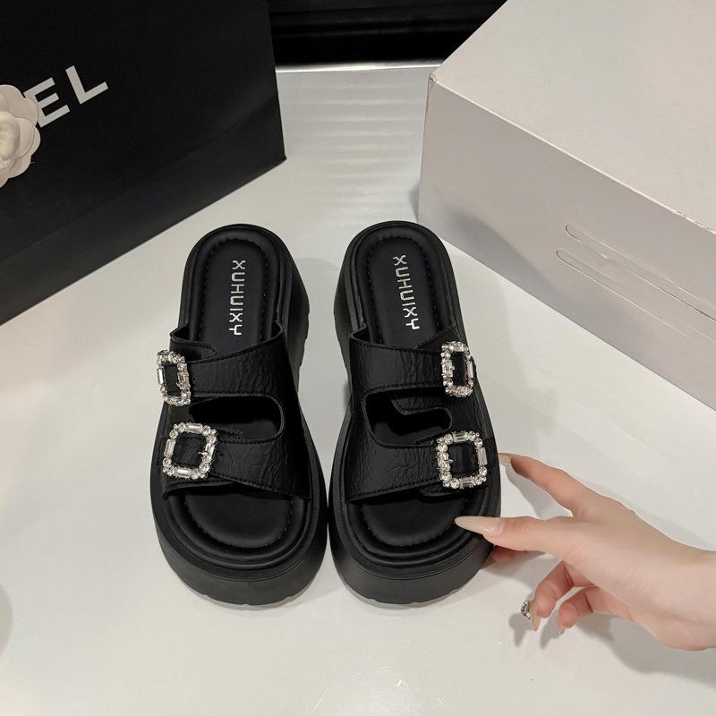 Versatile Cool Slippers 2025 New Rhinestone Double One-word Belt Buckle Sandals Heightening Casual Slope Heel Muffin Slippers