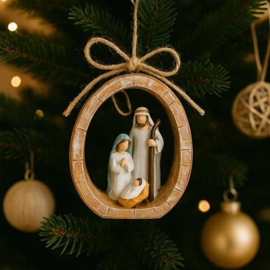 Oval Nativity Hanging Ornament Home Office Christmas Tree Hand-Painted Birth of Jesus Scene Holy Family Holiday Religious Decoration Pendant