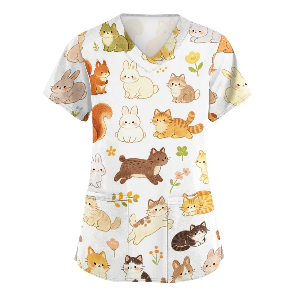 Damen V-Ausschnitt Kurzarm Arbeits-Top mit Taschen Tierprint Kasack für medizinisches Fachpersonal Bequeme Passform
