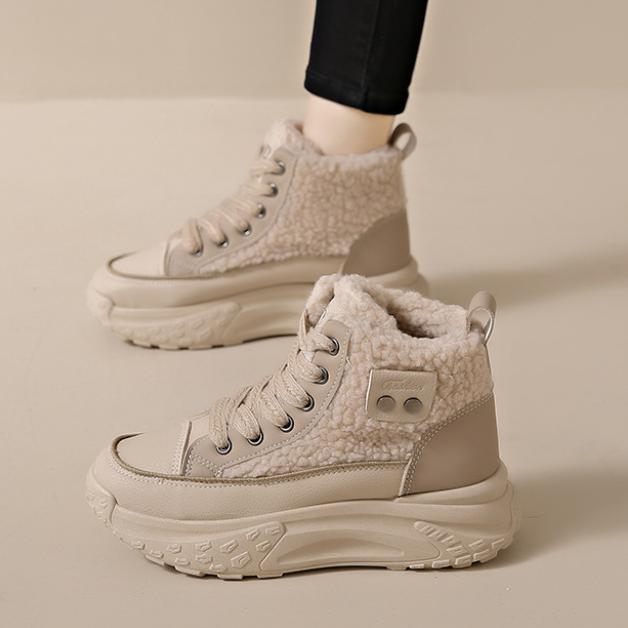 Women Chunky Platform Ankle Boots - Winter Warm Fleece-Lined Low Heel Lace-Up Boots with Thick Rubber Sole, Round Toe Sonw Boots