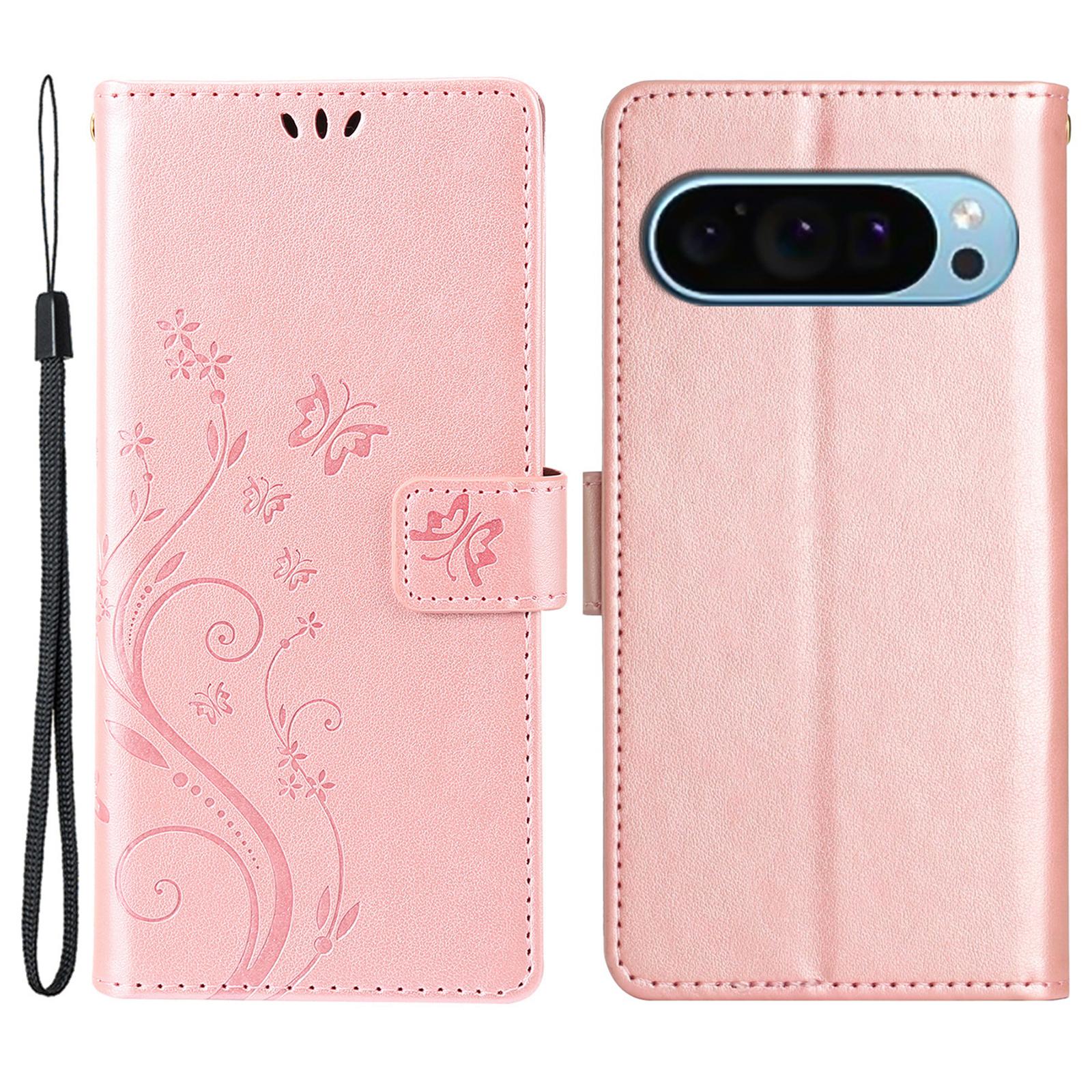 

For Google Pixel 9/Pixel 9 Pro Case Butterfly Pattern PU Leather Wallet Phone Cover Rose Gold