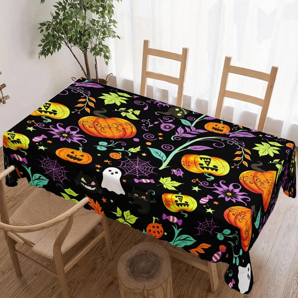 Halloween Rectangle Table Cloth Colorful Pumpkin Ghost Black Cat Table Cover Waterproof Tablecloth for Halloween Party Decor