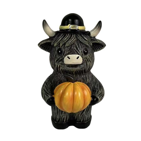 

Хэллоуинская фигурка горной коровы из смолы, украшение, символ шотландской культуры, ручная работа, статуэтка коровы с тыквой и кленовым листом B