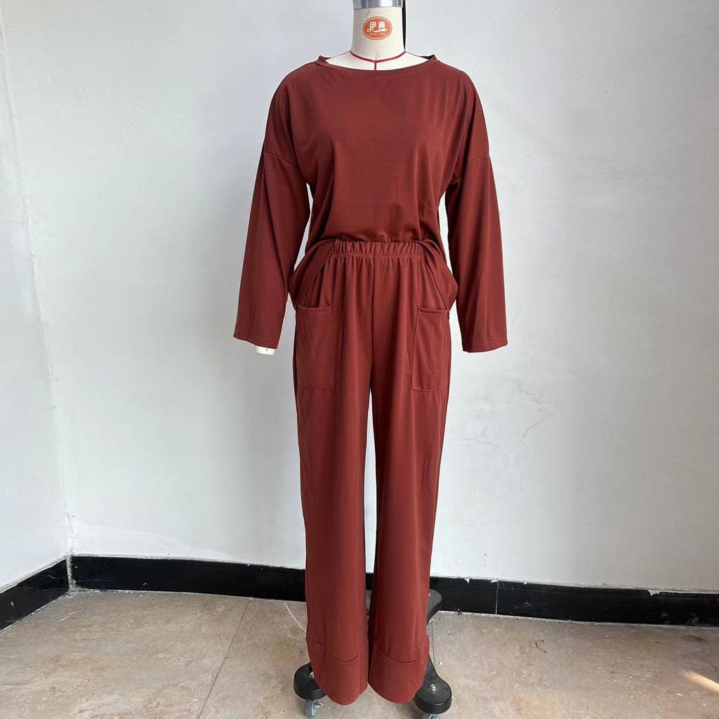 Einfarbiges, lässiges, bequemes und lockeres zweiteiliges Rundhals-Neun-Punkt-Hosenset für Damen