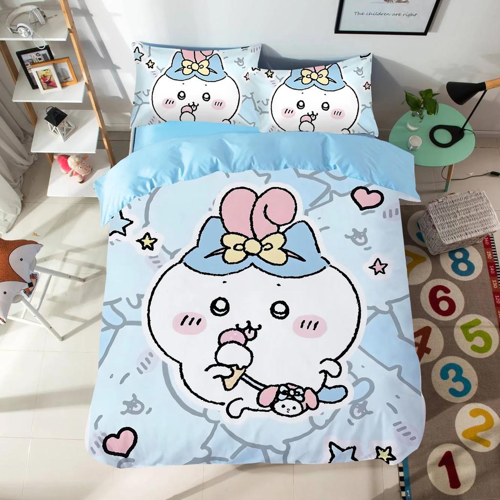 Cartoon Chiikawas Cute Themed Bedding Set Colorful Print Polyester Student Dormitory Bed Sheet Quilt Cover Kid Gift Home Textile