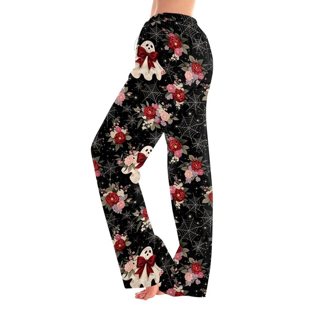 Women's Halloween Print Elastic Waist Drawstring Pajama Pants for Casual and Sleepwear