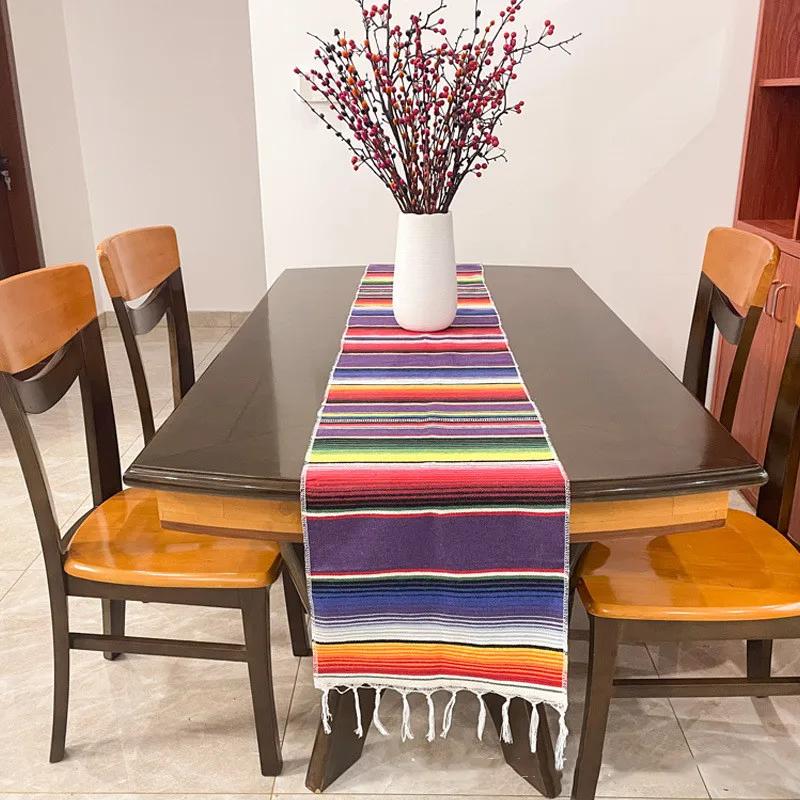 Mexican Serape Table Runner Cotton Colorful Striped Mexican Dining Table Decoration For Cinco De Mayo Fiesta Party Wedding