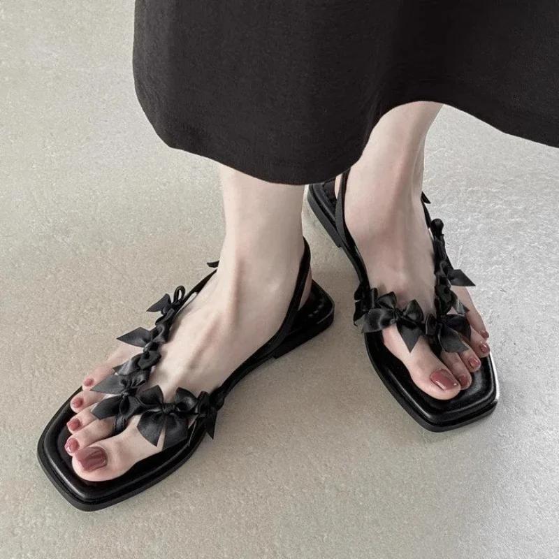 Fashion New Sweet Fashion Women Clip-toe Sandals Summer Non-slip Ladies Flat Shoes Black White Women's Causal Bowknot Slippers Elegant