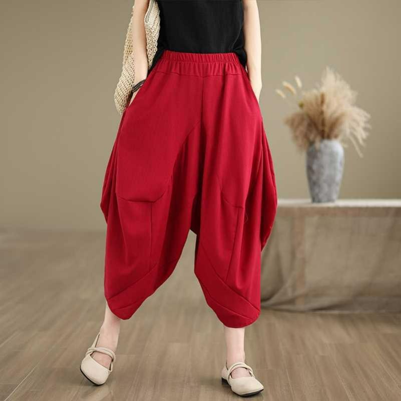 Calças Harem de Perna Larga de Algodão e Linho com Costura Estilo Étnico de Verão Tamanho Plus Nove Pontos