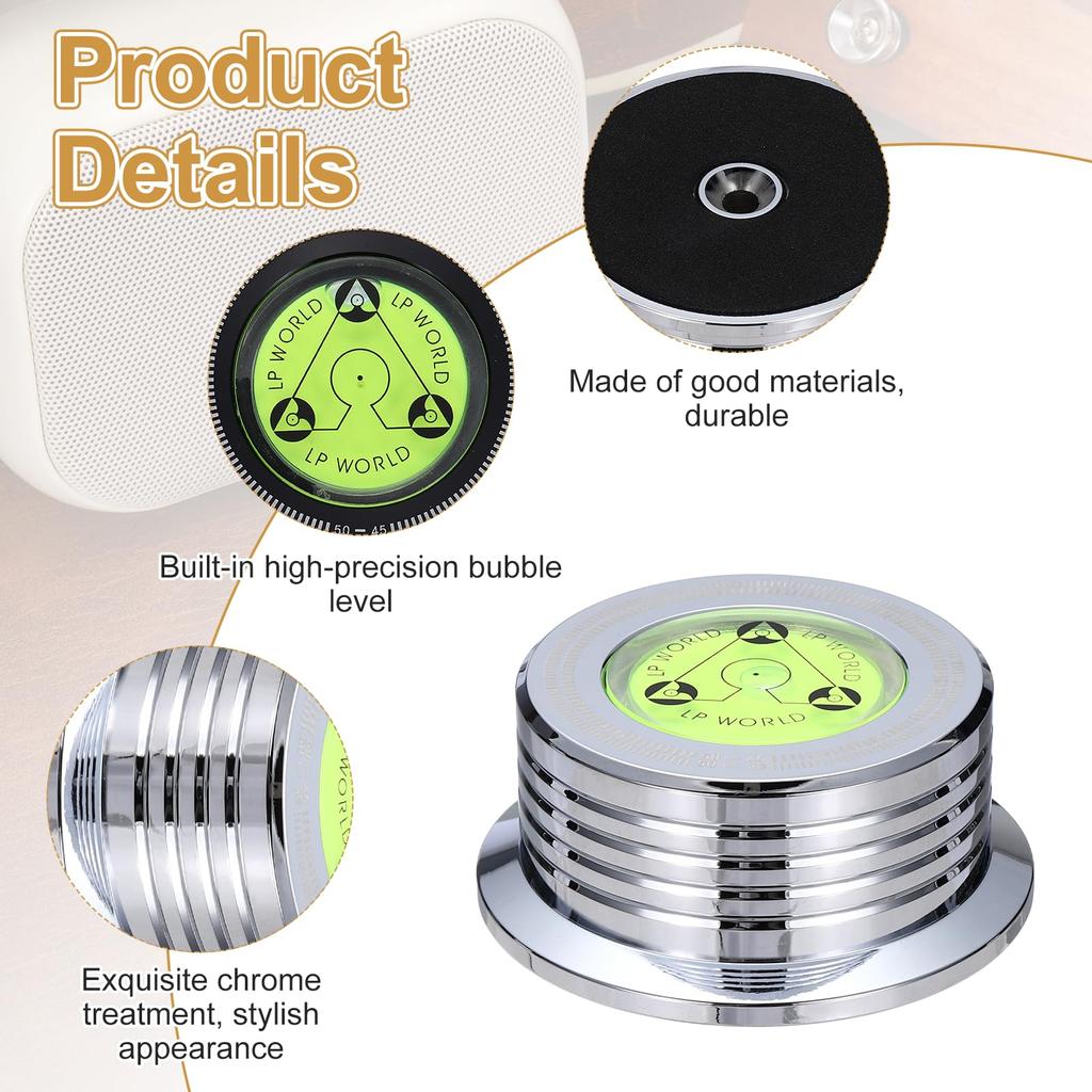 uxcell 50Hz Recording Weight Stabilizer 265g Aluminum Vinyl Clamp Turntable Disc Stabilizer Vibration Damper with Bubble Level for LP Polished Chrome