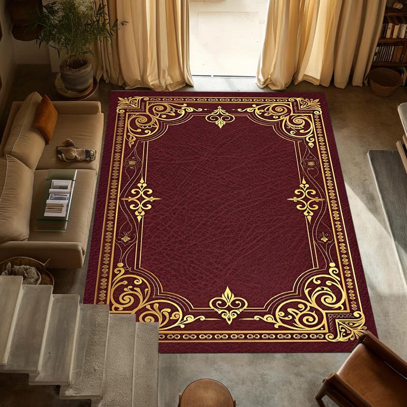 Vintage Red Area Rug Floral Scroll Print Carpet Soft Non-Slip Washable Floormat Luxury Ornate Doormat for Living Room Entryway