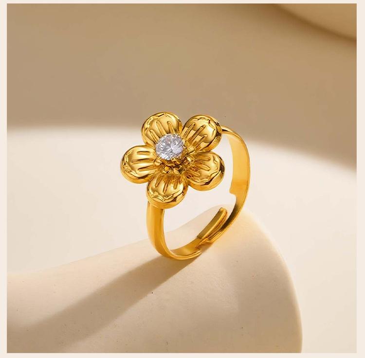 Open Adjustable Flower Ring, Stainless Steel 18K PVD Gold Plated, Waterproof Tarnish Free Trendy Floral Jewelry Gift for Women