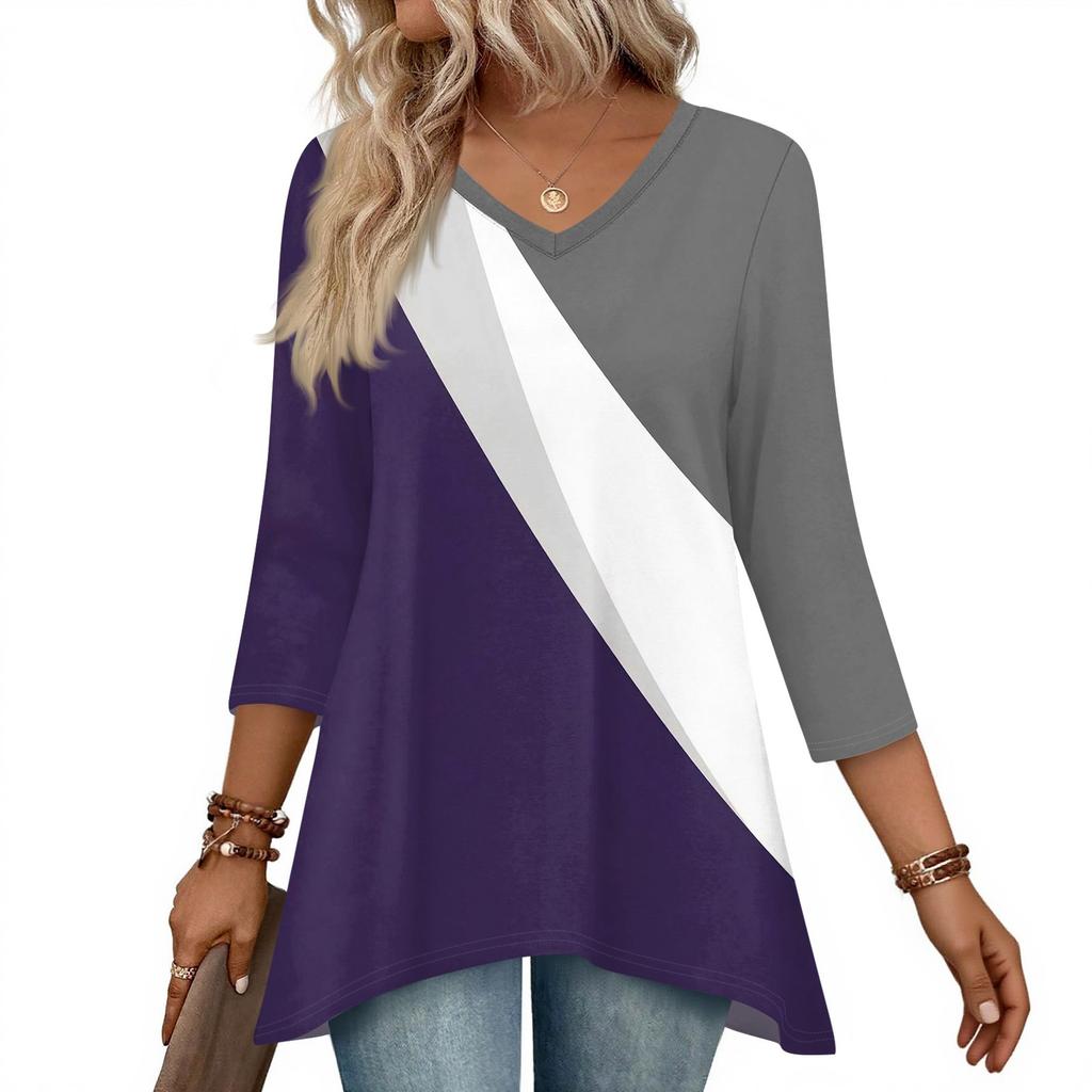 Dámské topy s výstřihem do V a 3/4 rukávem, ležérní košile střední délky, módní tuniky s potiskem