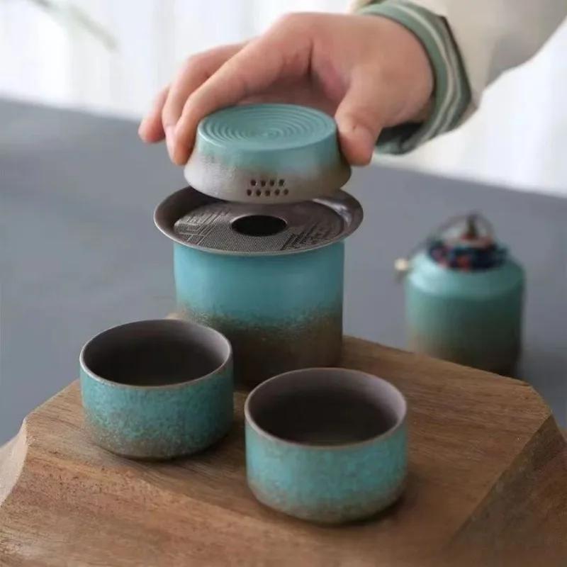 Zmiana pieca vintage wiosenna zieleń szorstka ceramika jeden czajnik 4 filiżanki pojemnik na herbatę prosty mały zestaw salon na świeżym powietrzu herbaciarnia