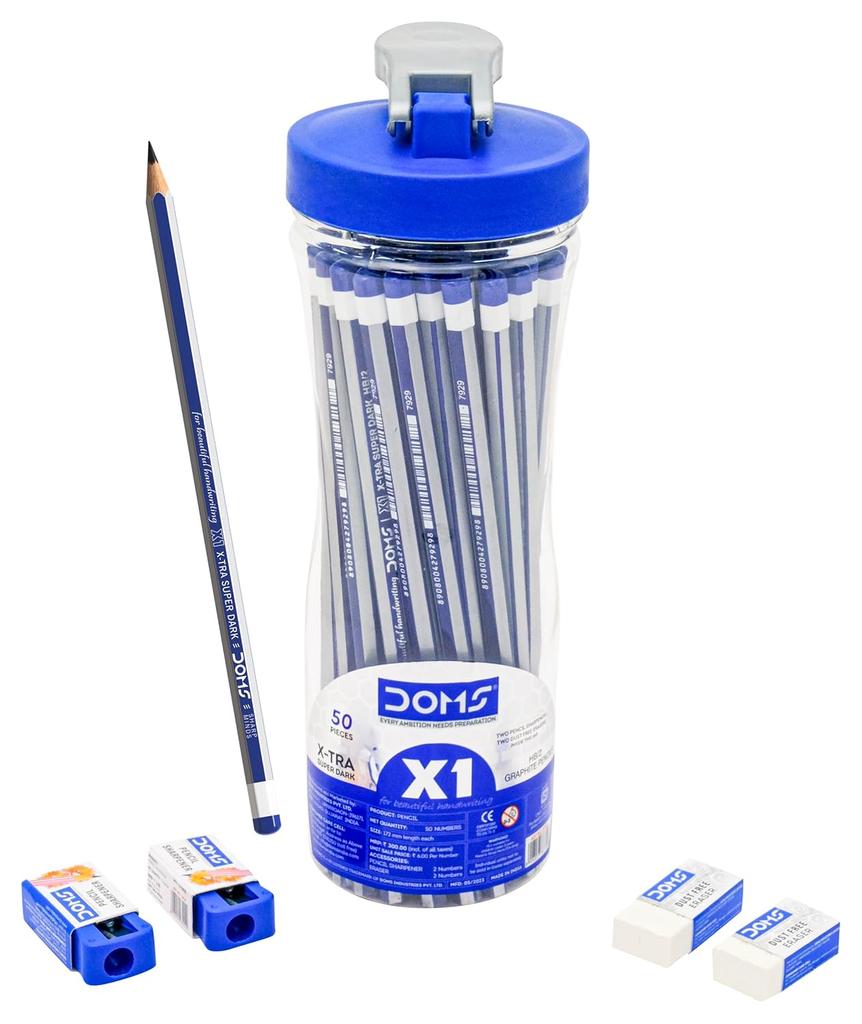DOMS X1 Pencil Set 50 Pcs HB/2 Extra Super Dark Graphite Pencils With Erasers, Sharpeners & Reusable Sipper for School